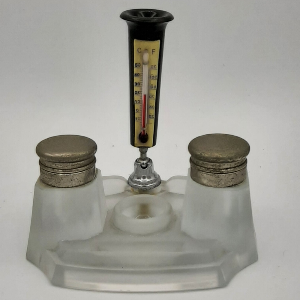 Vintage Frosted Swirl Glass Double Ink Wells with Caps & Pen Holder Desk Set
